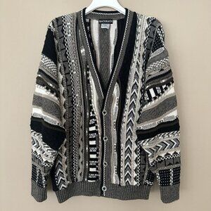 Vintage 90s Bachrach Cardigan Grandpa Sweater Men M Wool Wavy 3D Cosby Black Gra